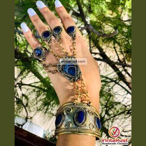 single Vintage Afghan Slave Bracelet with Rings, Ethnic Boho Jewelry